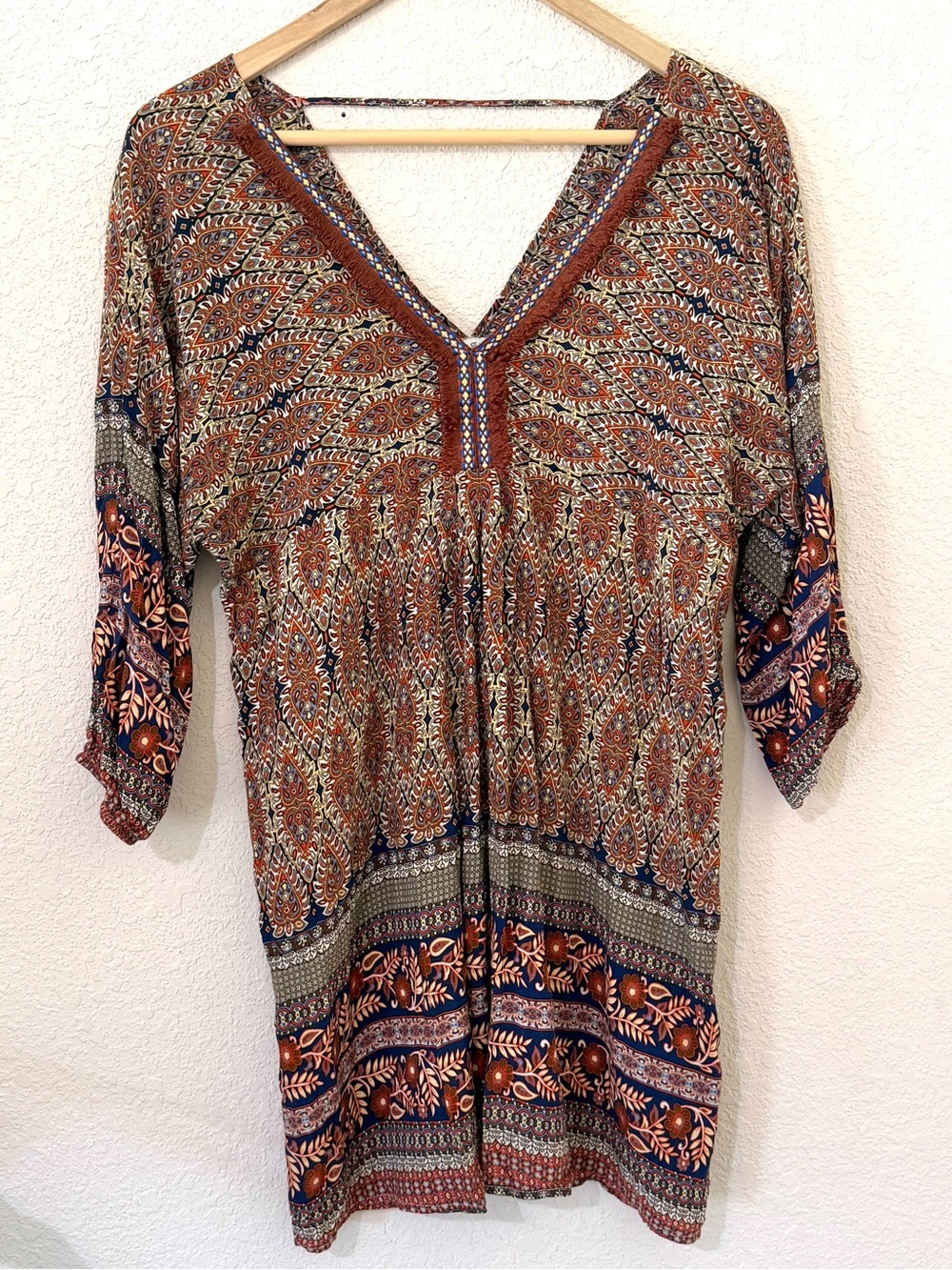 Umgee Boho Hippy Tunic Dress with Fringe V Neck 3/4 Sleeve Women's Size Medium